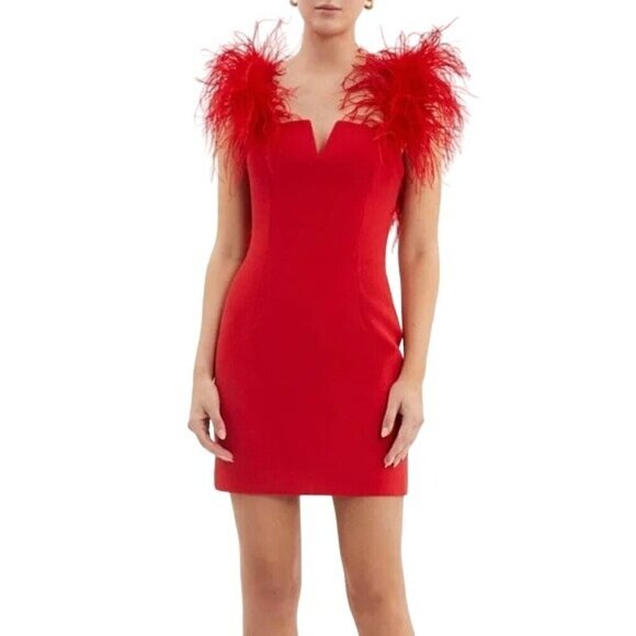 Rebecca Vallance Womens Dress Size 12 Red Scarlett Feather Trim Mini V Neck - Picture 6 of 6